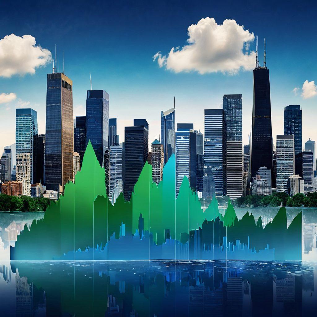 A balanced investment portfolio visualized as a scale with various assets like stocks, bonds, and real estate on either side, set against a backdrop of a thriving city skyline. Include upward-trending graphs and growth indicators swirling around the scale, symbolizing growth and potential. The color scheme should be professional yet vibrant, with greens representing growth, blues for stability, and golds symbolizing wealth. super-realistic. vibrant colors.
